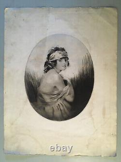 Art Deco Engraving Signed by William Ablett: Sensual Portrait of a Woman in 19th Century Fashion