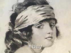 Art Deco Engraving Signed by William Ablett: Sensual Portrait of a Woman in 19th Century Fashion