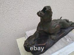 Art Deco Era Terracotta Sculpture 'Wounded Panther' Signed Carvin Length 62 CM