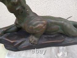 Art Deco Era Terracotta Sculpture 'Wounded Panther' Signed Carvin Length 62 CM