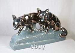 Art Deco Fox Couple Ceramic Group ODYV Vierzon Signed by Charles LEMANCEAU