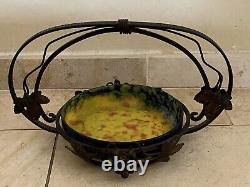 Art Deco Fruit Bowl Forged Iron Frame Signed Muller Brothers Glass