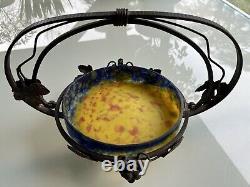 Art Deco Fruit Bowl Forged Iron Frame Signed Muller Brothers Glass