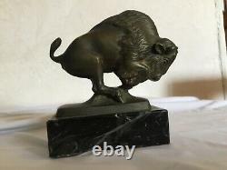 # Art Deco In Bronze And Marble Bison Signed By E. Mardini