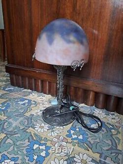 Art Deco Lamp signed DAUM NANCY, forged iron base signed MAYNADIER