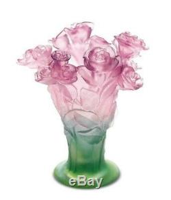 Art Deco / Large Vase Pte Glass 22cm Color Modeled Roses Daum Sign
