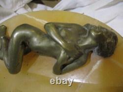 Art Deco Marble Ashtray: Nude Woman in Bronze, signed by Joe Descomps