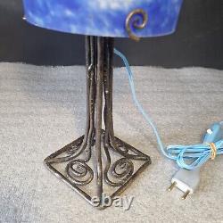 Art Deco Marmorean Glass Lamp signed Noverdy and Wrought Iron