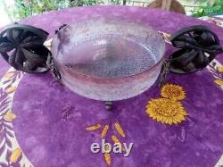 Art Deco Purple Glass Coupe Signed DEGUE with Wrought Iron Tray and Ivy Leaf Design, 1930