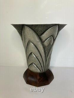 Art Deco, Repulsed Pewter Vase Signed By René Delavan Around 1930