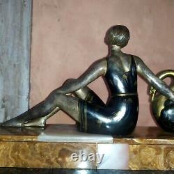 Art Deco Statue In Regular Signed Janle To Restore Woman And Swan