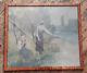 Art Deco Table Fishing Scene Oil Painting Signed Under Glass