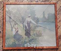 Art Deco Table Fishing Scene Oil Painting Signed Under Glass