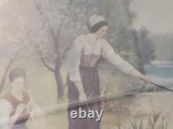 Art Deco Table Fishing Scene Oil Painting Signed Under Glass