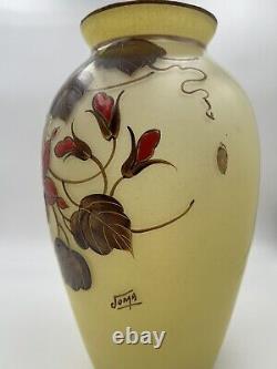 Art Deco Vase, Yellow Glass Enamelled With Flowers Passiflore, Signed Joma