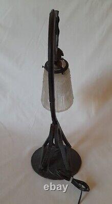 Art Deco Wrought Iron Lamp with Signed Muller Tulip