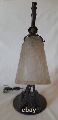 Art Deco Wrought Iron Lamp with Signed Muller Tulip
