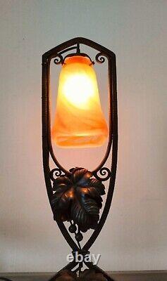Art Deco Wrought Iron Lamp with Signed Vianne Tulip