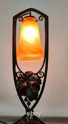 Art Deco Wrought Iron Lamp with Signed Vianne Tulip
