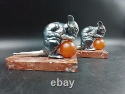 Art Deco antique silver-plated metal, bakelite, and marble bookends signed H. Moreau