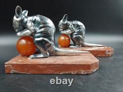 Art Deco antique silver-plated metal, bakelite, and marble bookends signed H. Moreau