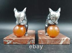 Art Deco antique silver-plated metal, bakelite, and marble bookends signed H. Moreau