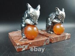 Art Deco antique silver-plated metal, bakelite, and marble bookends signed H. Moreau