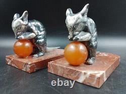 Art Deco antique silver-plated metal, bakelite, and marble bookends signed H. Moreau