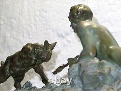 Art Deco sculpture signed LIMOUSIN nude woman goat statue