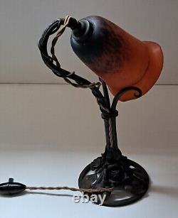 Art Deco wrought iron lamp with signed LORRAIN DAUM LALIQUE glass tulip
