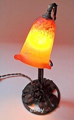 Art Deco wrought iron lamp with signed LORRAIN DAUM LALIQUE glass tulip