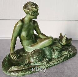 Art Nouveau Sculpture Naked Woman + Dog Signed L Riche Woman + Dog Signed Riché