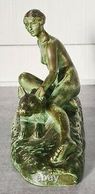Art Nouveau Sculpture Naked Woman + Dog Signed L Riche Woman + Dog Signed Riché