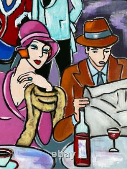 Art Painting Deco Kris Milvy A La Terrasse Du Café Parisien Paris 60x40 Drouot