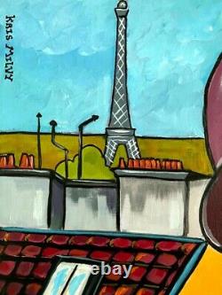 Art Painting Deco Kris Milvy La Dame Au Chapeau Paris Cat 54x73 CM Cote Drouot