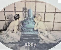 BLUE BUDDHA signed ICART Art Deco Lithograph Vintage Antique Table