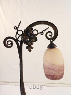 Beautiful ART DECO Lamp in Wrought Iron and Glass Paste signed by DEGUE