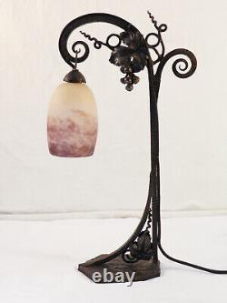 Beautiful ART DECO Lamp in Wrought Iron and Glass Paste signed by DEGUE
