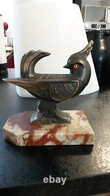 Beautiful Art Deco Bird Regule Bronze Patina and Marble Base Signed H. Moreau