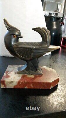 Beautiful Art Deco Bird Regule Bronze Patina and Marble Base Signed H. Moreau