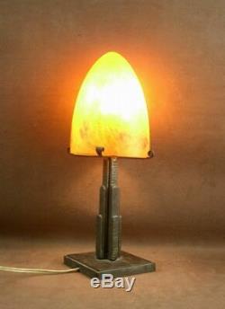 Beautiful Art Deco Lamp In Iron Forge Obus Pate Glass Sign Mulaty Lyon