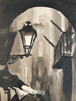 Beautiful Black Ink Wash Drawing of a Deco Street Cat to be Identified, Signed 1950