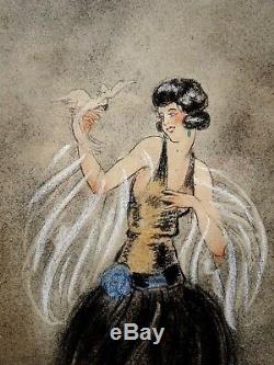 Beautiful Drawing Art Deco, Elegant At Perroquet, In The Style Of Louis Icart