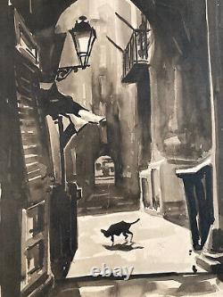 Beautiful Drawing with Ink Wash of a Black Cat in an Art Deco Street to Identify, Signed 1950.