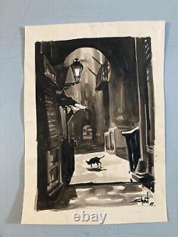 Beautiful Drawing with Ink Wash of a Black Cat in an Art Deco Street to Identify, Signed 1950.