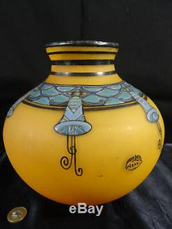 Beautiful Enamel Decoration Glass Paste Vase Signed Delatte Nancy Art Deco