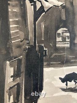 Beautiful Ink Drawing of a Black Street Cat in Art Deco Style to Identify, Signed 1950