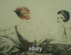 Beautiful Lithography Art Deco 2 Elegants Garconnes Fumant Signee Hardy Gout Icart