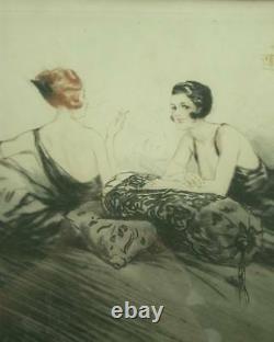 Beautiful Lithography Art Deco 2 Elegants Garconnes Fumant Signee Hardy Gout Icart