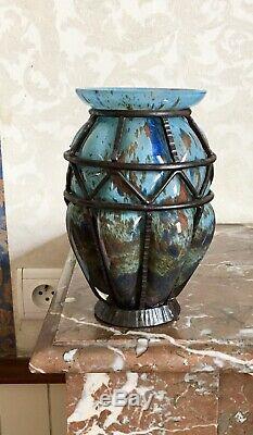 Beautiful Vase Art-deco Glass Marmoréen And Iron Signed Lorrain (daum) Majorelle